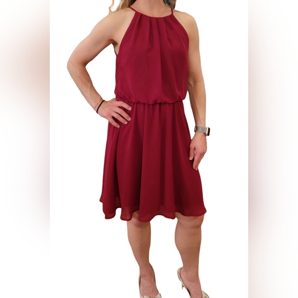 Lush Womens Size XS Elegant Burgundy Halter Flowy Mini Midi Dress Peekaboo Back - Picture 7 of 11